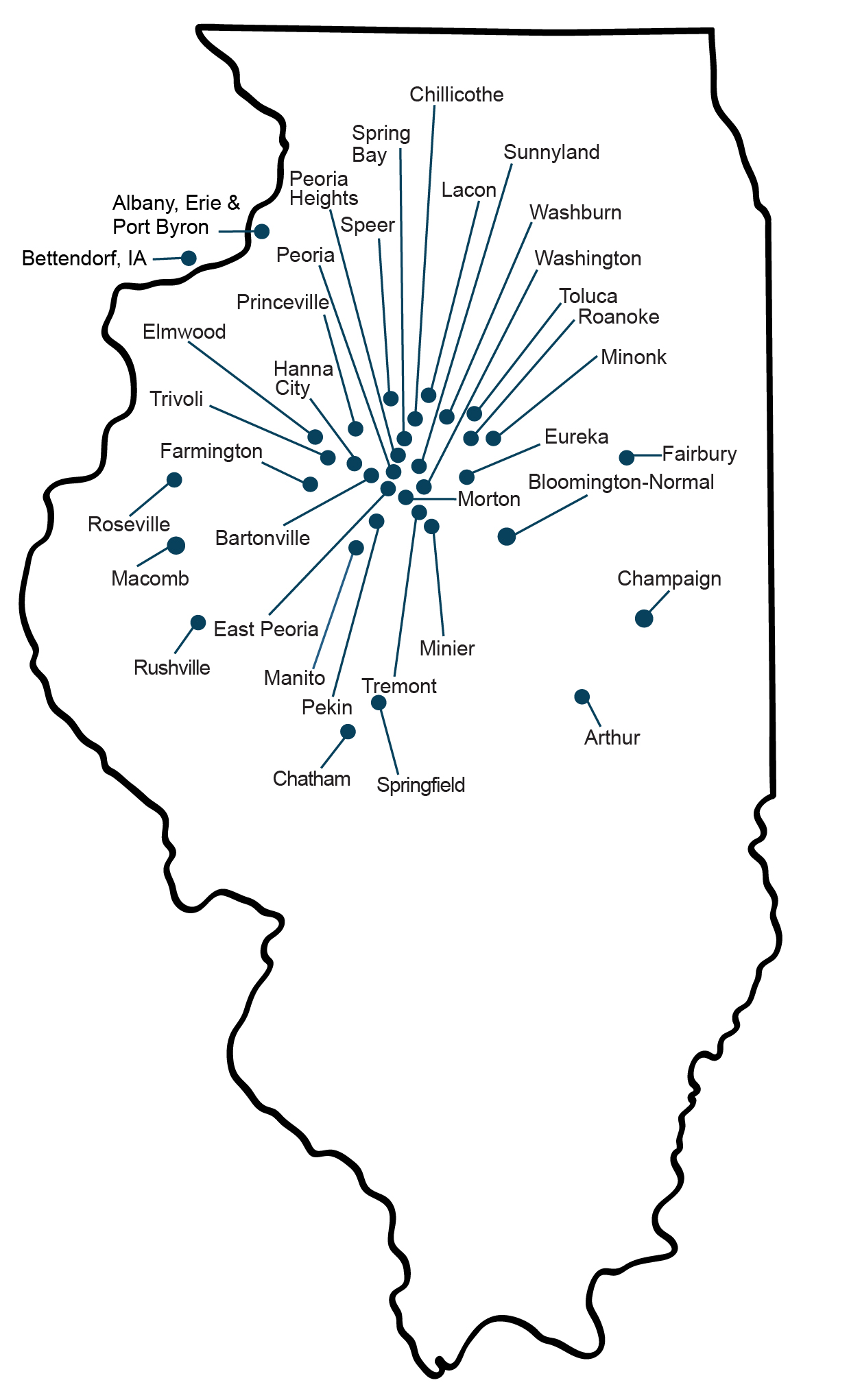 Map of Illinois with all Hometown Bank Branches indicated